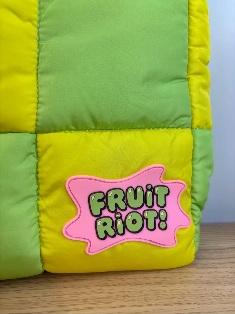 Fruit Riot! Puffy Quilted Green Yellow Checkered Tote Bag Pink Handles LIKE NEW!